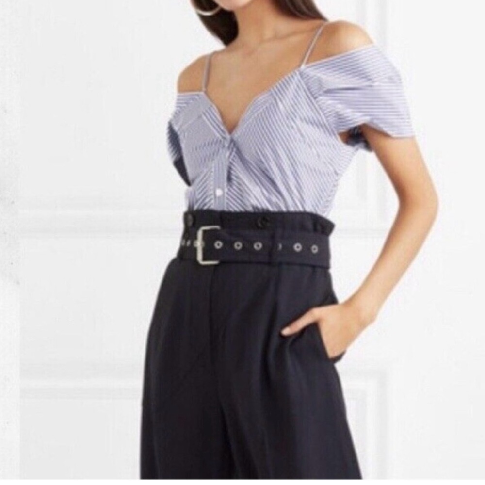 Theory Off Shoulder Top Womens Med Blue V-Neck Hartman Striped Cotton